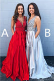 A-line Deep V Neck Beading Backless Long Prom Dress With Pockets HZ0509