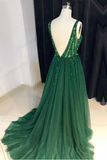 V-nevk V-back Green Tulle Evening Dresses,Cheap Long A Line Prom Dresses HZ0509