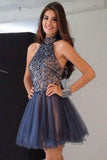 Short High Neck A-Line Beading Tulle Homecoming Dresses HZ0509