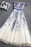 Beautiful Embroidery A-line Cap Sleeves Tulle Long Prom Dress Evening Dress HZ0509