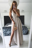 Grey Split V Neck A Line Chiffon Appliques Prom Dresses HZ0509