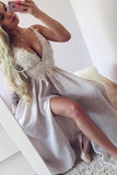 Grey Split V Neck A Line Chiffon Appliques Prom Dresses HZ0509