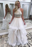 Piece Off White High Neck Prom Dress, Cheap A Line Evening Dresses HZ0509