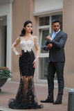 Long Sleeve Black White Lace Applique Prom Dresses,Formal Graduation Dresses HZ0509