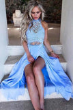 Neck Two-Piece Blue Split Front Long Prom Dress With Lace HZ0509