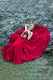 Beading Strapless Red A Line Chiffon See-through Fashion Prom Dress HZ0509