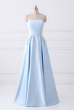 A-line Strapless Long Crystal Light Blue Cheap Prom Dresses with Pocket HZ0509