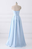 A-line Strapless Long Crystal Light Blue Cheap Prom Dresses with Pocket HZ0509