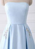 A-line Strapless Long Crystal Light Blue Cheap Prom Dresses with Pocket HZ0509
