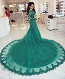 Long Sleeves V-neck Green Lace Mermaid Prom Dresses 2025 HZ0509