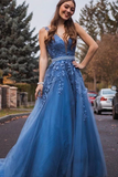 A Line Blue Long Beaded Prom Dresses, Formal Lace Appliques Prom Gowns HZ0509
