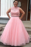 Tulle High Neck Long Beading Plus Size Prom Dress With Lace Top HZ0509