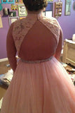 Tulle High Neck Long Beading Plus Size Prom Dress With Lace Top HZ0509