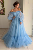 Blue Tulle Off the Shoulder Long Prom Dress, Elegant Evening Dresses HZ0509