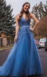 A Line Blue Long Beaded Prom Dresses, Formal Lace Appliques Prom Gowns HZ0509
