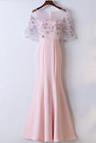 Pink Round Neck Short Sleeve Satin Lace Applique Long Prom Dress HZ0509