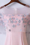 Pink Round Neck Short Sleeve Satin Lace Applique Long Prom Dress HZ0509