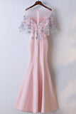 Pink Round Neck Short Sleeve Satin Lace Applique Long Prom Dress HZ0509