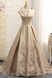 V-neck Cap Sleeves Satin Appliques Lace Prom Gown Long Formal Evening Dresses HZ0509