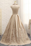 V-neck Cap Sleeves Satin Appliques Lace Prom Gown Long Formal Evening Dresses HZ0509