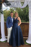 A Line Satin Beading V Neck Navy Blue Prom Dress With Pockets HZ0509