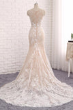 Mermaid White Sleeveless Prom Dress,Lace Long Sweep Train Wedding Dress HZ0509