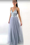 A Line Spaghetti Straps V Neck Long Grey Tulle Prom Dresses HZ0509