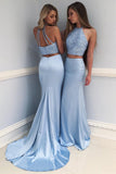 Light Blue High Neck Beading Long Prom Dress,Two Piece Mermaid Evening Dress HZ0509