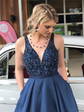 A Line Satin Beading V Neck Navy Blue Prom Dress With Pockets HZ0509