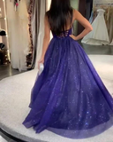 A-Line V Neck Royal Blue Prom Dress Cross Back Evening Dress HZ0509