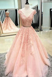 Line V Neck Blush Pink Prom Dresses, Appliques Evening Dress HZ0509
