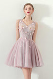 Line V Neck Flowers Short Homecoming Dresses,Graduation Dress HZ0509