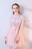 A Line Tulle Cap Sleeves Short Homecoming Dresses With Flowers HZ0509