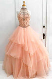 High Neck Ruffle Beading Ball Gown Long Formal Prom Dress HZ0509