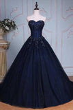 Blue Ball Gown Court Train Sweetheart Strapless Appliques Prom Dress HZ0509