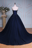 Blue Ball Gown Court Train Sweetheart Strapless Appliques Prom Dress HZ0509