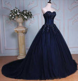 Blue Ball Gown Court Train Sweetheart Strapless Appliques Prom Dress HZ0509