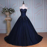 Blue Ball Gown Court Train Sweetheart Strapless Appliques Prom Dress HZ0509