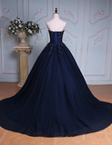 Blue Ball Gown Court Train Sweetheart Strapless Appliques Prom Dress HZ0509