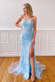Sky Blue Mermaid Strapless Appliques Prom Dress Cheap Evening Dresses HZ0509