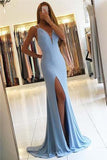 Sleeveless Mermaid Evening Dress Front Slit Long Blue Prom Dress HZ0509
