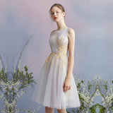 A Line Tulle Short Homecoming Dresses With Gold Appliques HZ0509