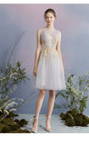 A Line Tulle Short Homecoming Dresses With Gold Appliques HZ0509