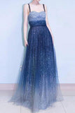 Spaghetti Strap Sleeveless Royal Blue Tulle Sequins Modest Long Prom Dress HZ0509