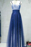 Spaghetti Strap Sleeveless Royal Blue Tulle Sequins Modest Long Prom Dress HZ0509