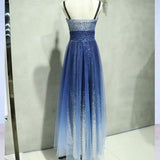Spaghetti Strap Sleeveless Royal Blue Tulle Sequins Modest Long Prom Dress HZ0509