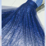 Spaghetti Strap Sleeveless Royal Blue Tulle Sequins Modest Long Prom Dress HZ0509