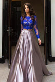 Line Royal Blue Two Piece Long Sleeve Lace Top Prom Dresses HZ0509