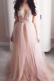 Beaded V Neck Tulle Backless Sexy See Through Front Slit Pink Prom Dresses HZ0509