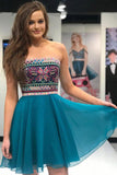 Strapless Embroidery Blue Chiffon Short Homecoming Dress,Sweet 16 Dresses HZ0509